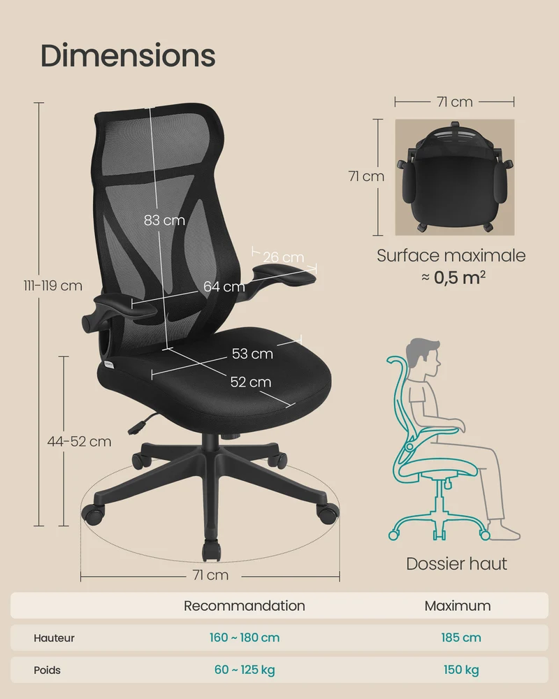Chaise de bureau ergonomique réglable hauteur 71 x 71 x 119 cm confort optimal style moderne en polyester noir 12_0011391