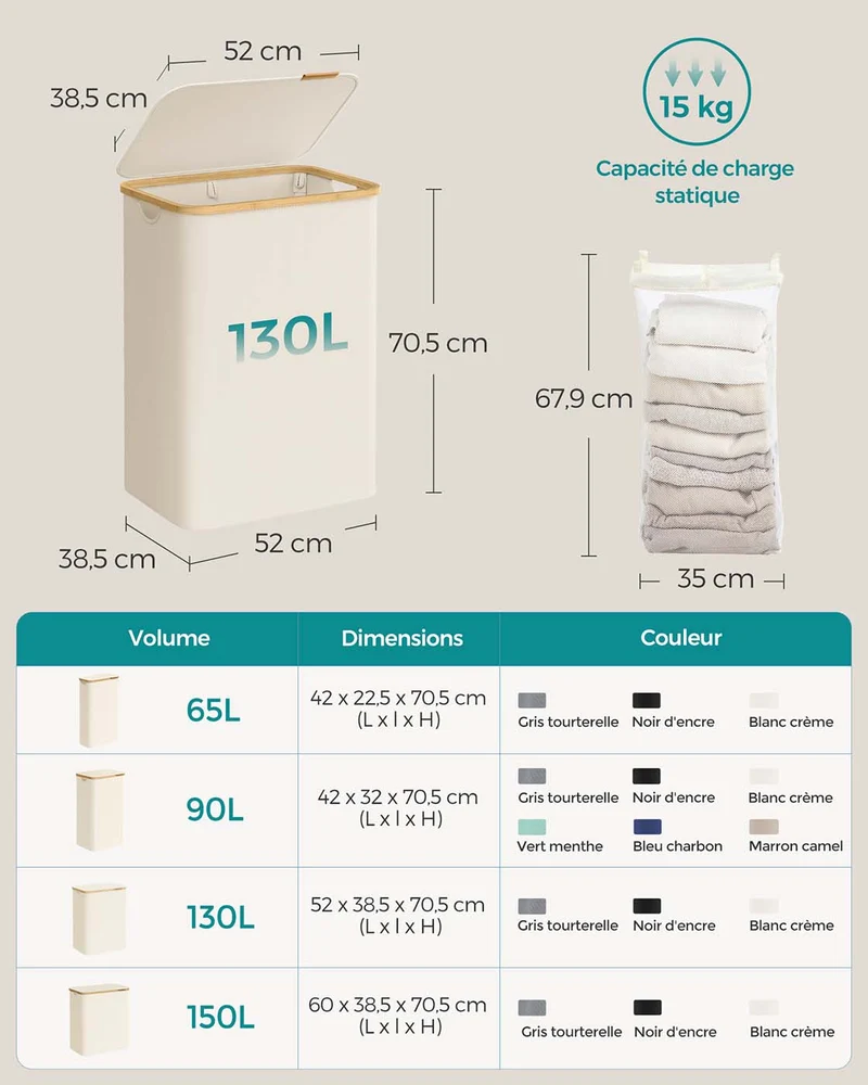 Panier à linge pliable design moderne gain de place 52 x 38,5 x 70,5 cm en tissu oxford blanc crème 12_0011203