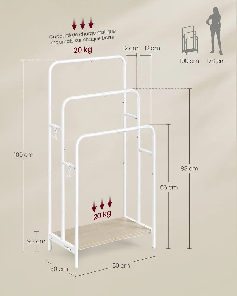 Porte serviette sur pied 50 x 30 x 100 cm 3 barres 2 crochets rangement pratique en métal blanc 12_0011159