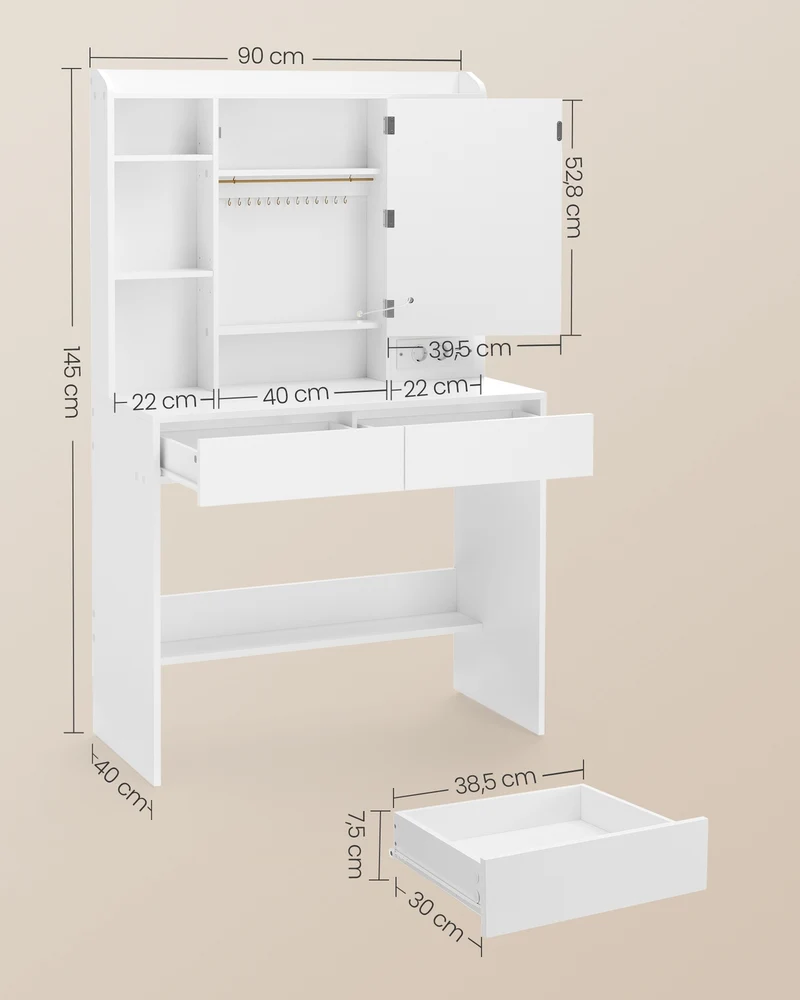 Coiffeuse moderne avec miroir réglable 40 x 90 x 145 cm style épuré 2 tiroirs rangement pratique en aggloméré blanc 12_0010772