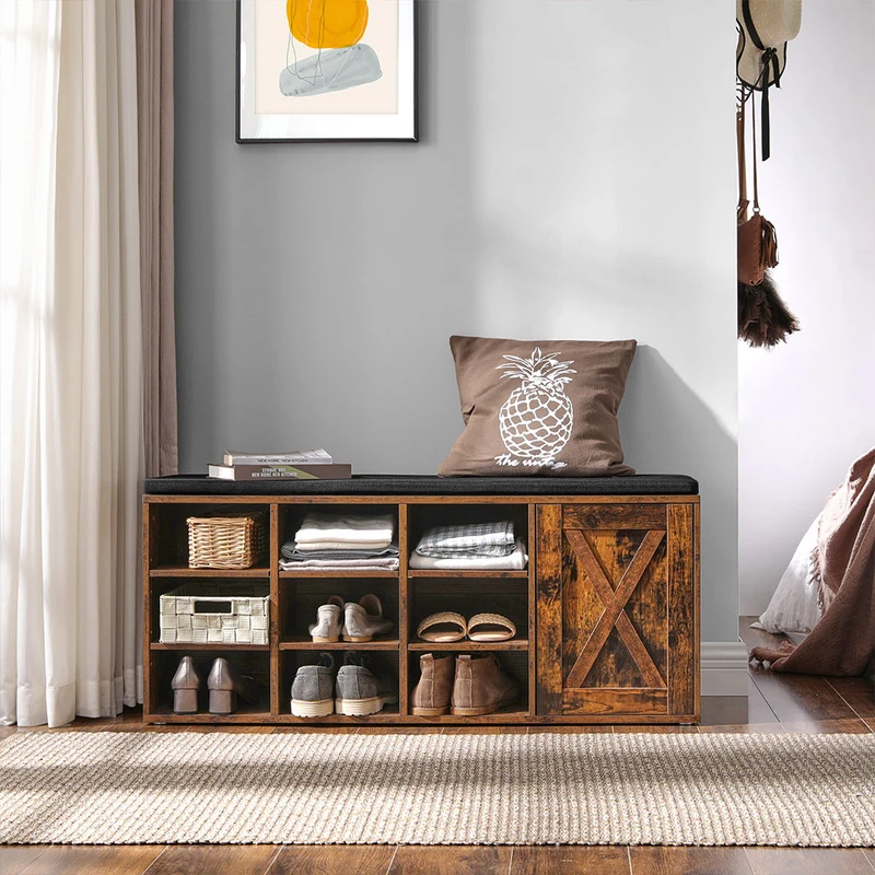Banc à chaussures 9 compartiments ouverts et 1 placard rangement entrée assise confortable 110 x 30 x 48 cm en aggloméré marron 12_0009302