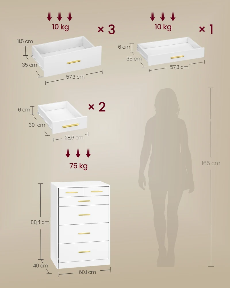 Commode de chambre moderne avec 6 tiroirs 40 x 60 x 88 cm rangement fonctionnel en MDF blanc 12_0013133