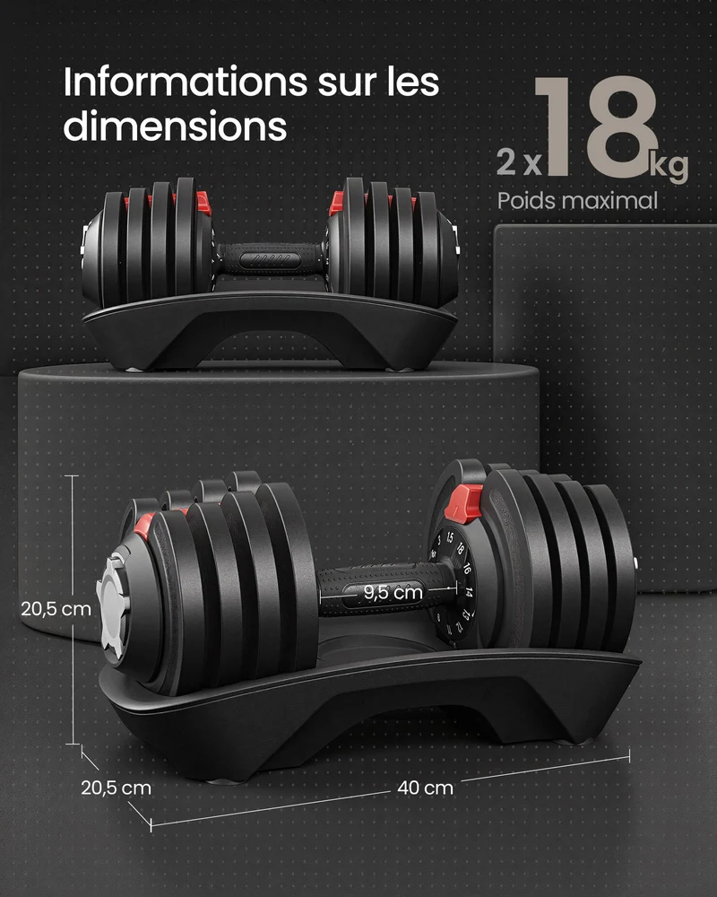 Lot de 2 haltères réglables fitness gain de place 40 x 20,5 x 20,5 cm en acier noir 12_0013072