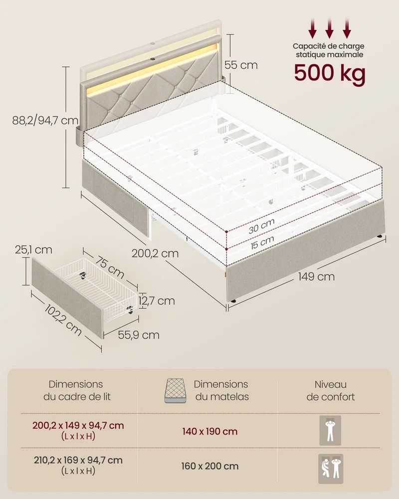 Lit double moderne avec tête de lit rembourrée 200,2 x 149 x 88,2 cm en acier beige cappuccino 12_0012608