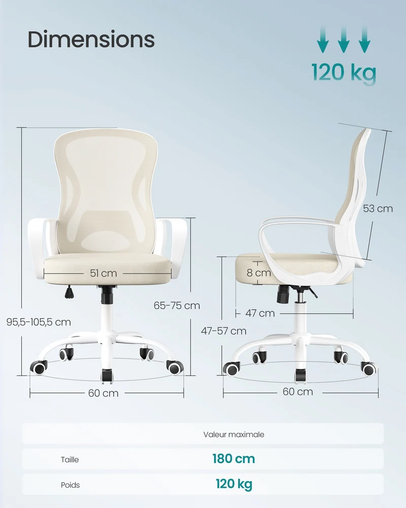 Chaise de bureau ergonomique ajustable 60 x 60 x 105 cm assise confortable design moderne en tissu beige cappuccino 12_0012273