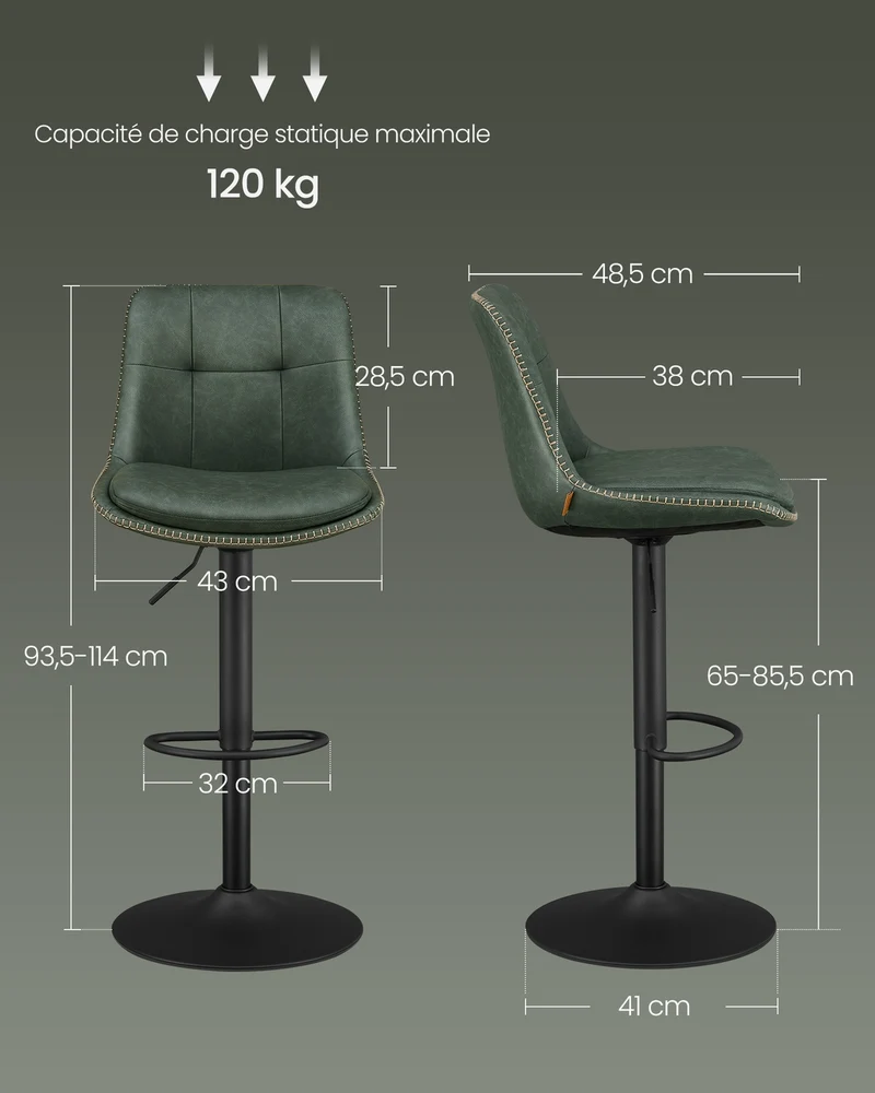Lot de 4 tabourets de bar pivotants réglables 48,5 x 43 x 93,5-114 cm confort matelassé style contemporain en PU vert forêt 12_0012024