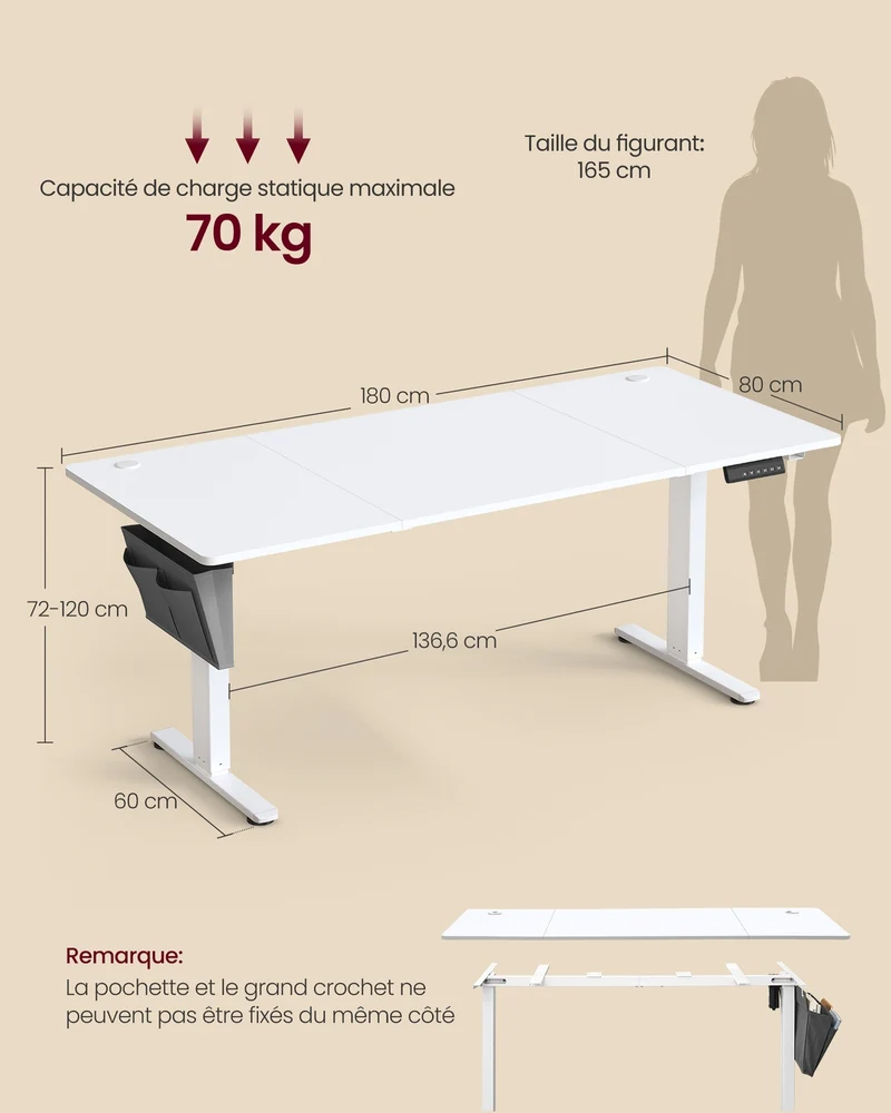 Bureau électrique assis-debout réglable en hauteur 80 x 180 x 72-120 cm 4 hauteurs mémorisables style moderne en aggloméré blanc 12_0011932
