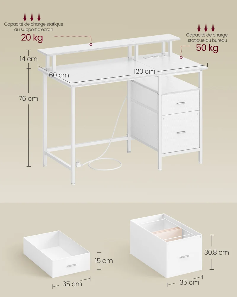 Bureau informatique avec rangement et support d'écran 120 x 60 x 90 cm style moderne pour bureau en panneau d'aggloméré blanc érable 12_0011310
