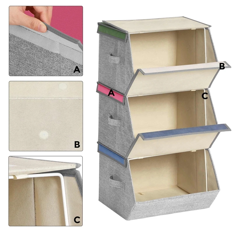Lot de 3 boîtes de rangement empilables pliables pour chambre d'enfant salle de jeux 38 x 25 x 35 cm en tissu rose 12_0010374