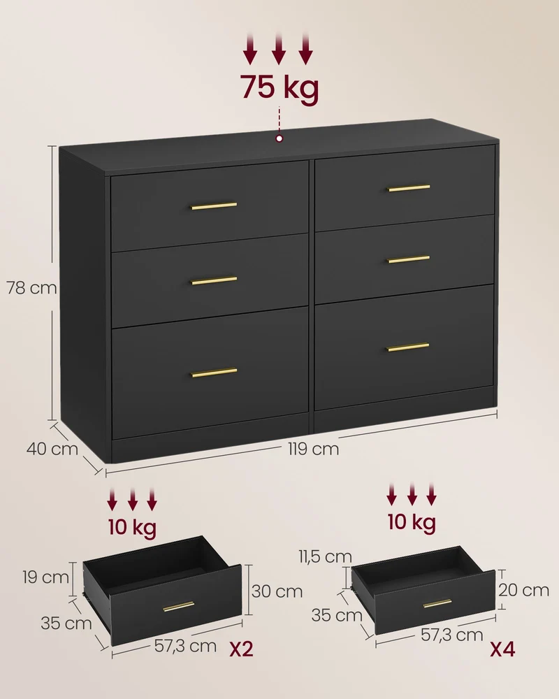 Commode moderne à 6 tiroirs pour dressing 40 x 119 x 78 cm décoration élégante en panneau d'aggloméré noir d'encre 12_0013169