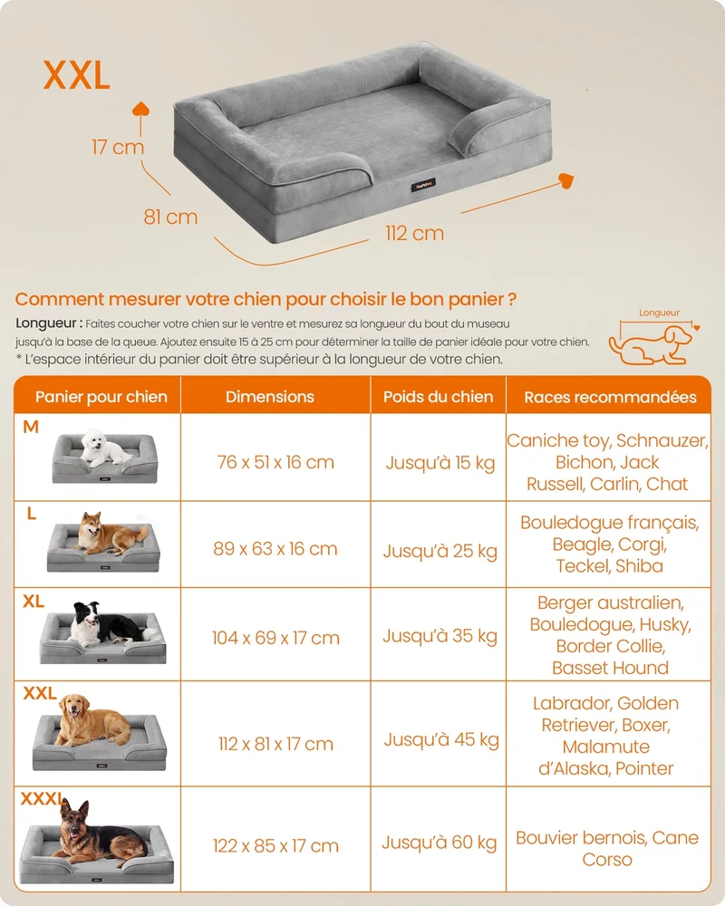 Lit pour chien orthopédique avec bord surélevé 112 x 81 x 17 cm confort et housse amovible en tissu polyester gris 12_0013154