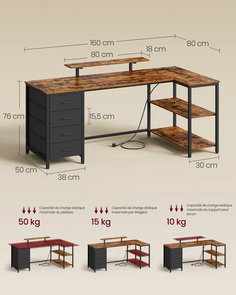 Bureau d'angle en forme de L avec étagères réglables 160 x 80 cm configuration réversible style rustique en aggloméré marron 12_0013121