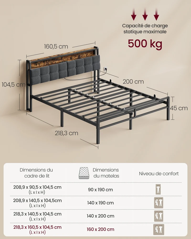 Cadre de lit 90 x 190 cm avec tête de lit éclairage LED et étagère style contemporain chambre en métal noir mat 12_0013117