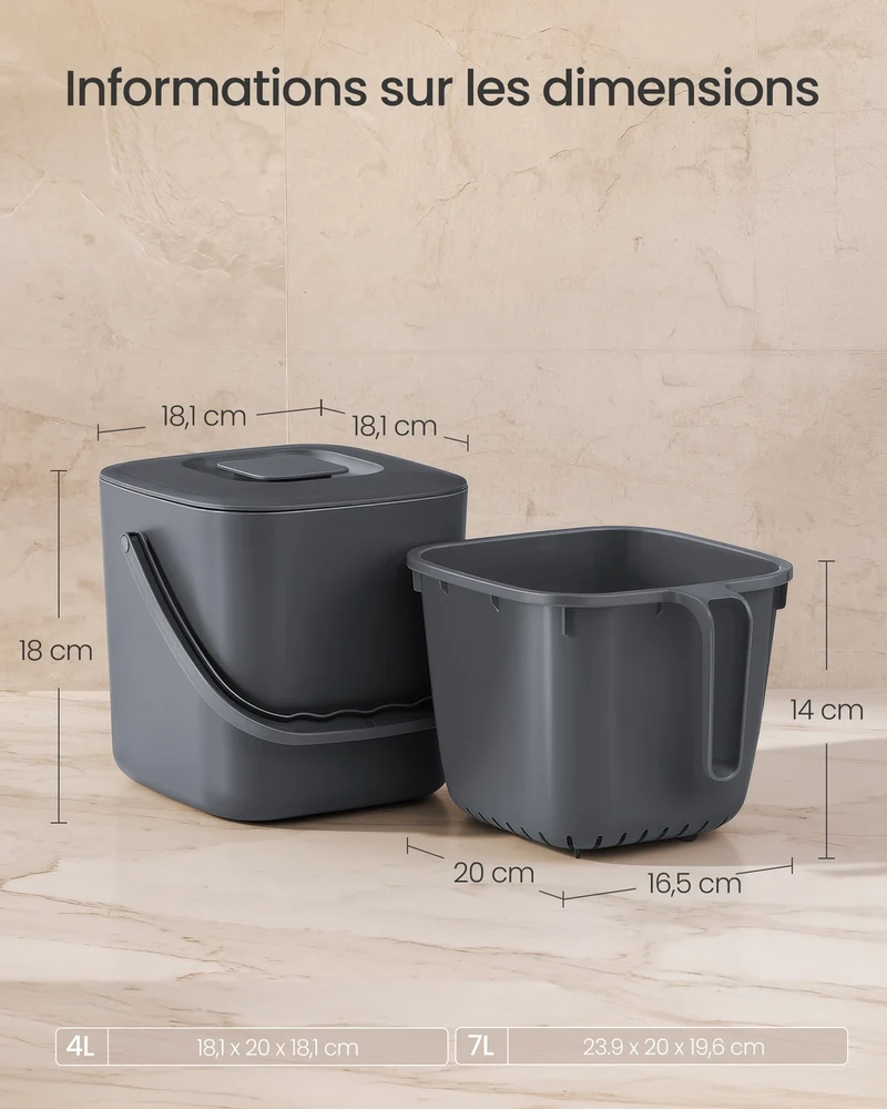 Poubelle de compost intérieure 21 x 20 x 19,5 cm pratique anti-odeur cuisine design épuré en plastique gris 12_0013106