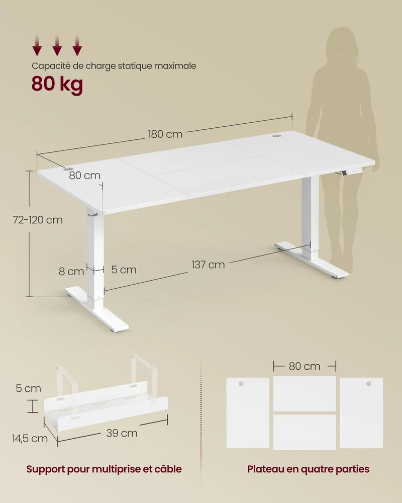 Bureau électrique réglable en hauteur 180 x 80 cm avec port USB et fonction mémoire pour télétravail en aggloméré blanc 12_0013035