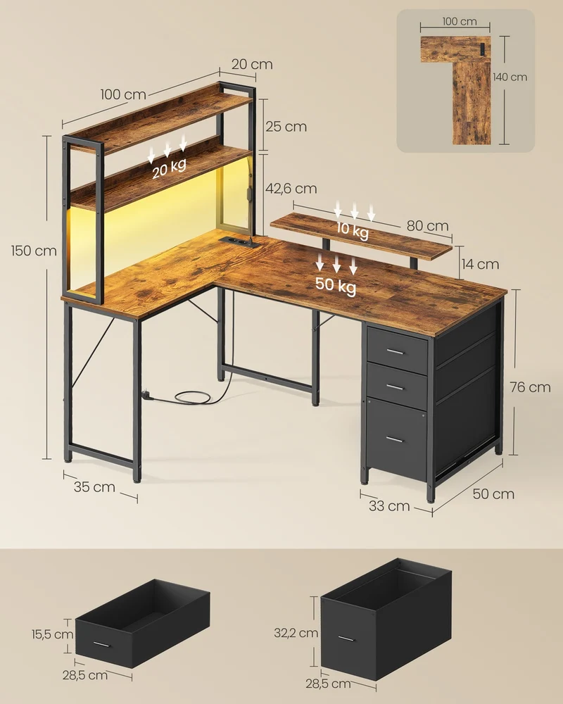 Bureau d'angle moderne avec 3 tiroirs pratique 140 x 100 x 150 cm en panneaux de particules marron 12_0012818