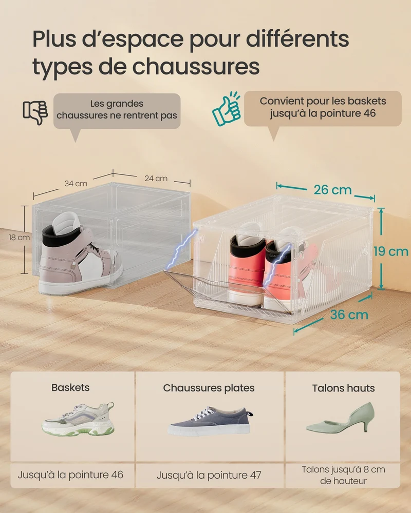 Lot de 6 boîtes à chaussures empilables rangement transparent 36 x 26 x 19 cm en plastique blanc 12_0012634