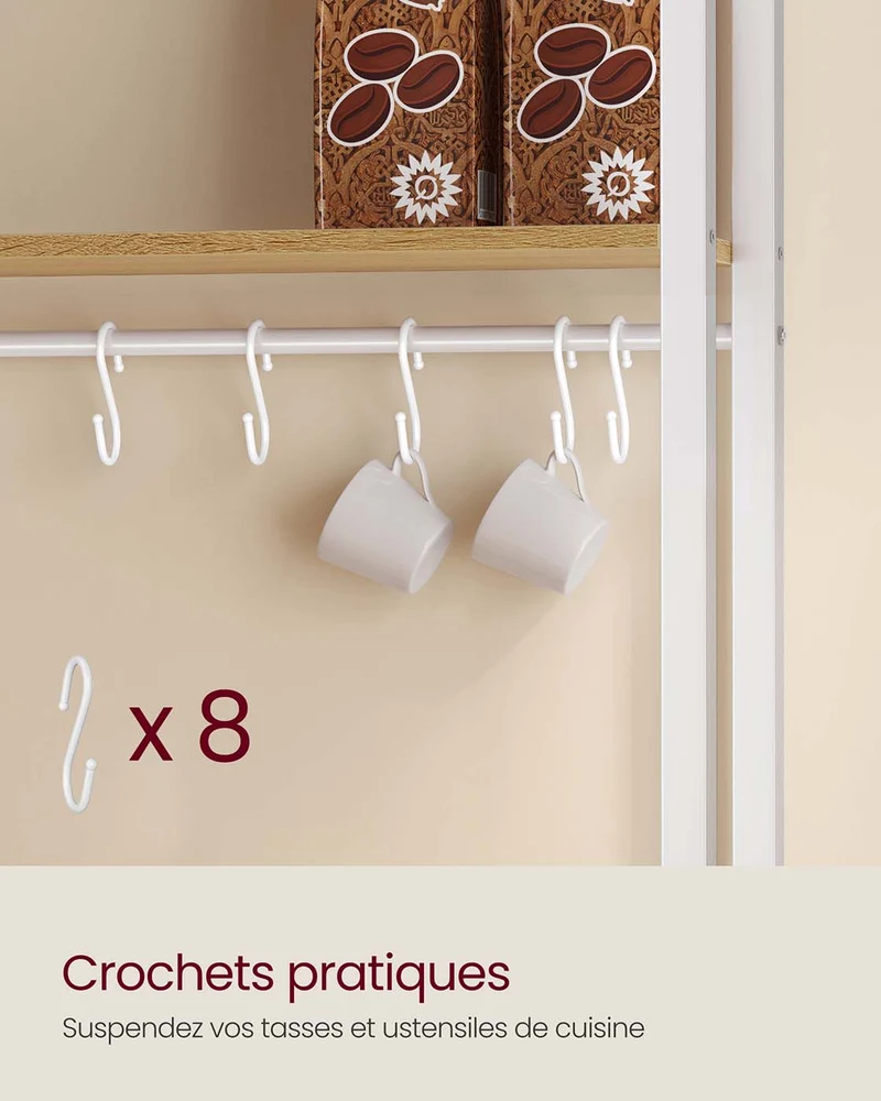 Étagère de cuisine avec support micro-ondes 40 x 60 x 170 cm 8 crochets finition rustique en aggloméré marron 12_0012455