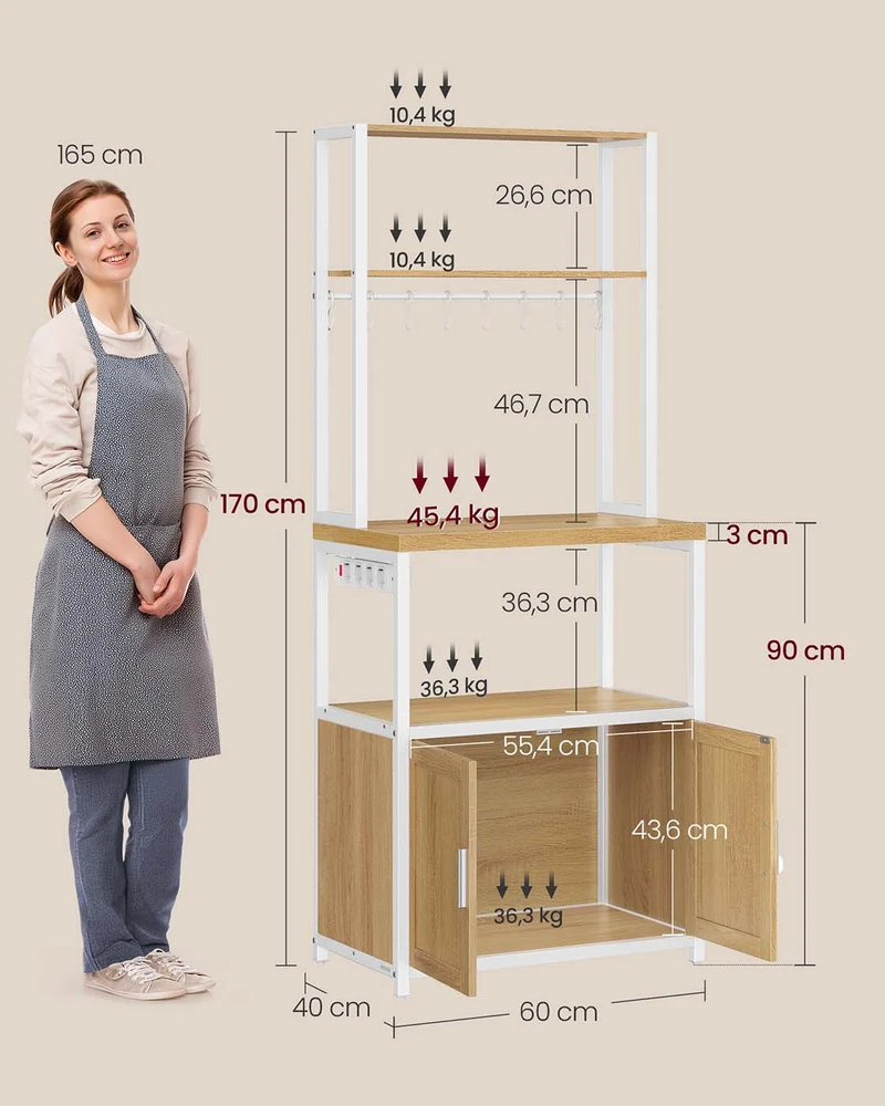 Étagère de cuisine avec support micro-ondes 40 x 60 x 170 cm 8 crochets finition rustique en aggloméré marron 12_0012455