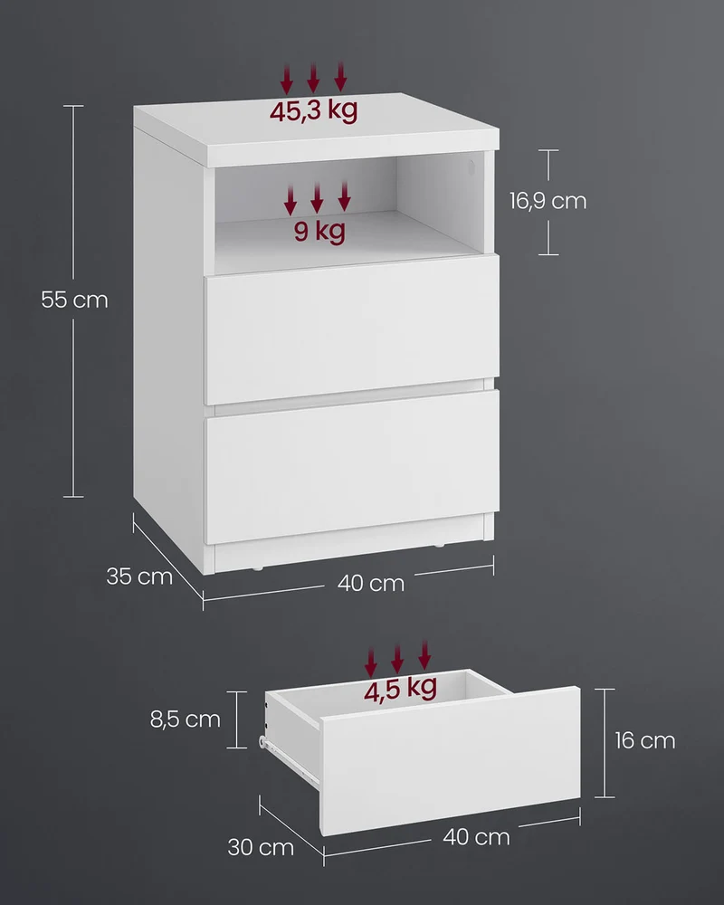 Table de chevet moderne avec éclairage LED réglable 35 x 40 x 55 cm ambiance cosy en panneau MDF blanc 12_0012265