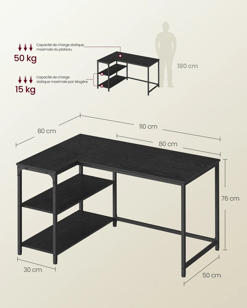 Bureau gaming en L avec rangement étagères ajustables 110 x 80 x 76 cm en panneau d’aggloméré noir boisé 12_0012232