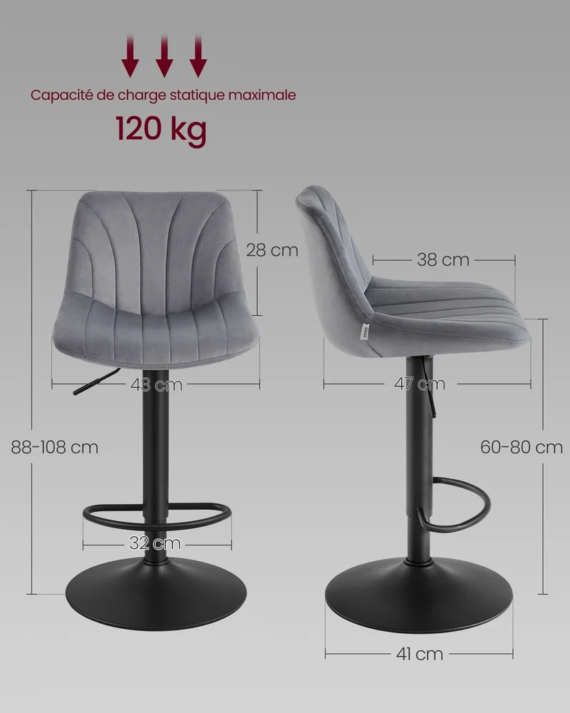 Lot de 4 tabourets de bar hauteur réglable 46,5 x 43 x 88-108 cm assise ergonomique style moderne en velours gris ardoise 12_0012211