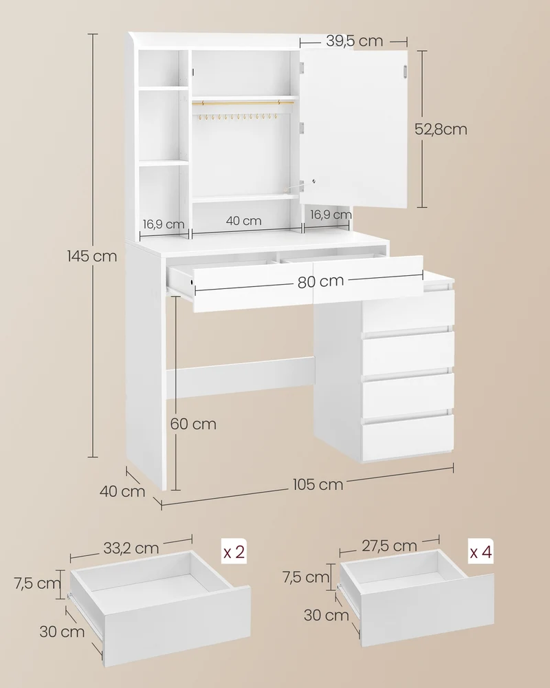 Coiffeuse moderne avec grand miroir LED réglable 40 x 105 x 145 cm ambiance cosy en panneau d'aggloméré blanc 12_0011943