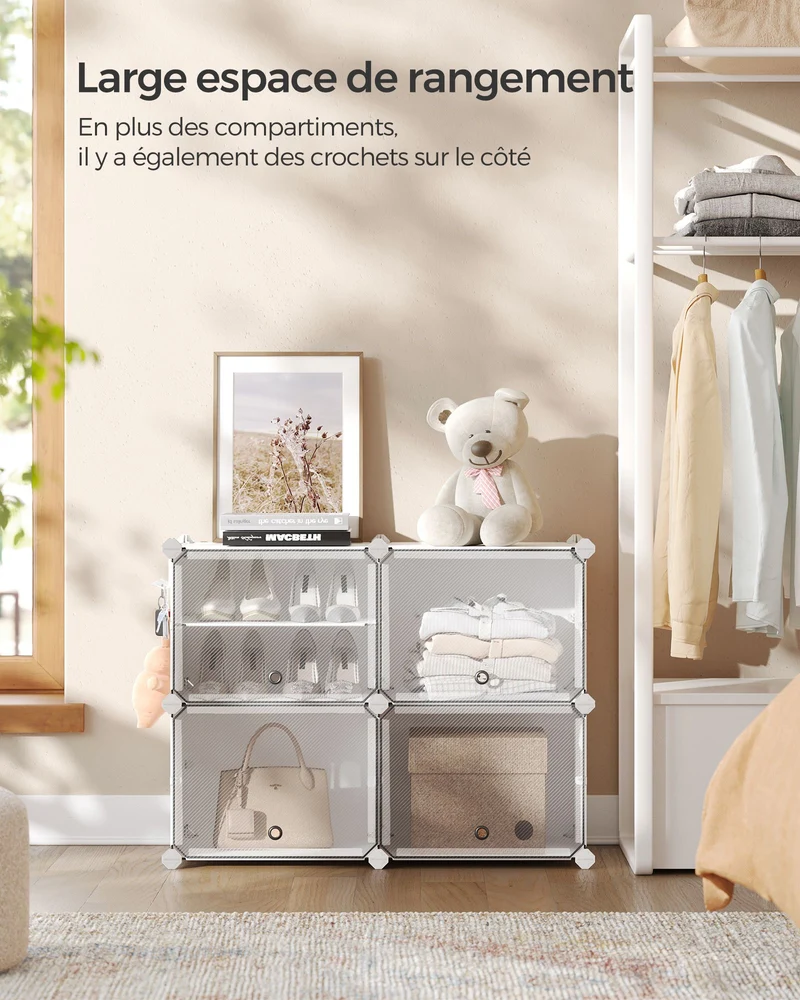 Etagère de rangement modulable 32 x 83 x 63 cm 6 compartiments capacité 32 kg style moderne en plastique blanc 12_0010554