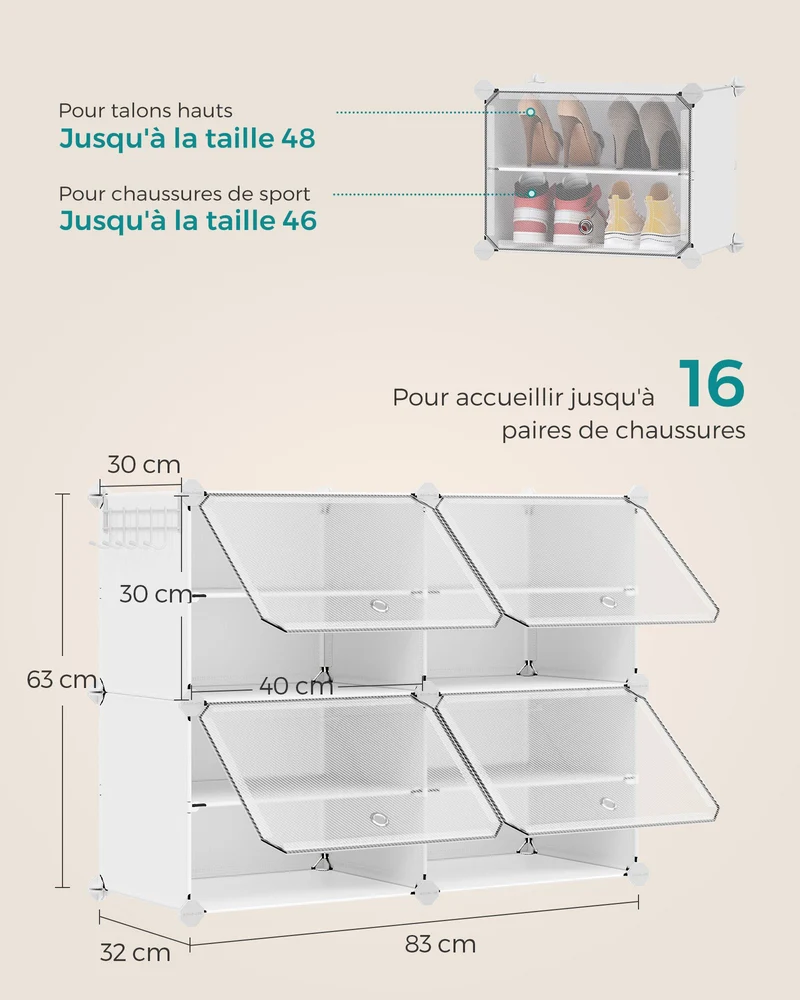 Etagère de rangement modulable 32 x 83 x 63 cm 6 compartiments capacité 32 kg style moderne en plastique blanc 12_0010554