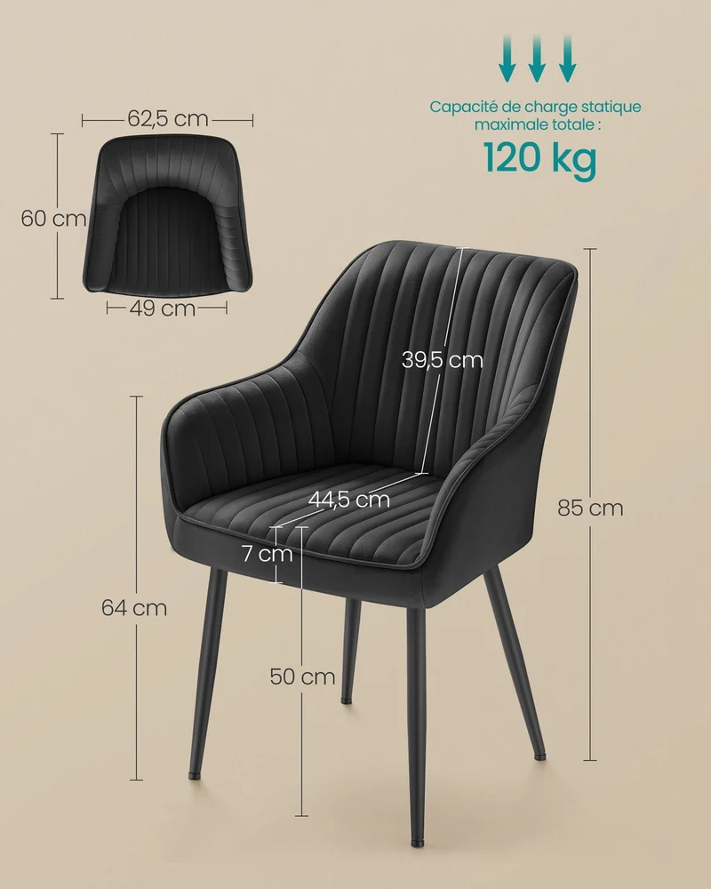 Lot de 2 chaise de salle à manger rembourrée avec accoudoirs 60 x 62,5 x 85 cm style contemporain confort optimal en velours noir 12_0009211