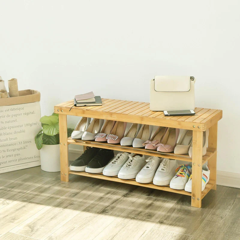 Banc étagère à chaussure en bambou naturel 3 niveaux pour entrée salle de bain salon couloir lbs90n 12_0003201