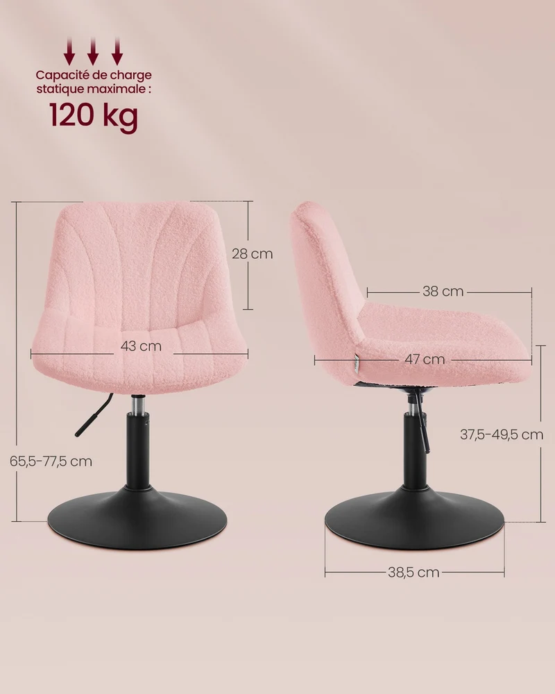 Lot de 2 tabourets de coiffeuse réglables avec dossier et rotation 43 x 46 x 65-77 cm en tissu bouclette rose 12_0012938