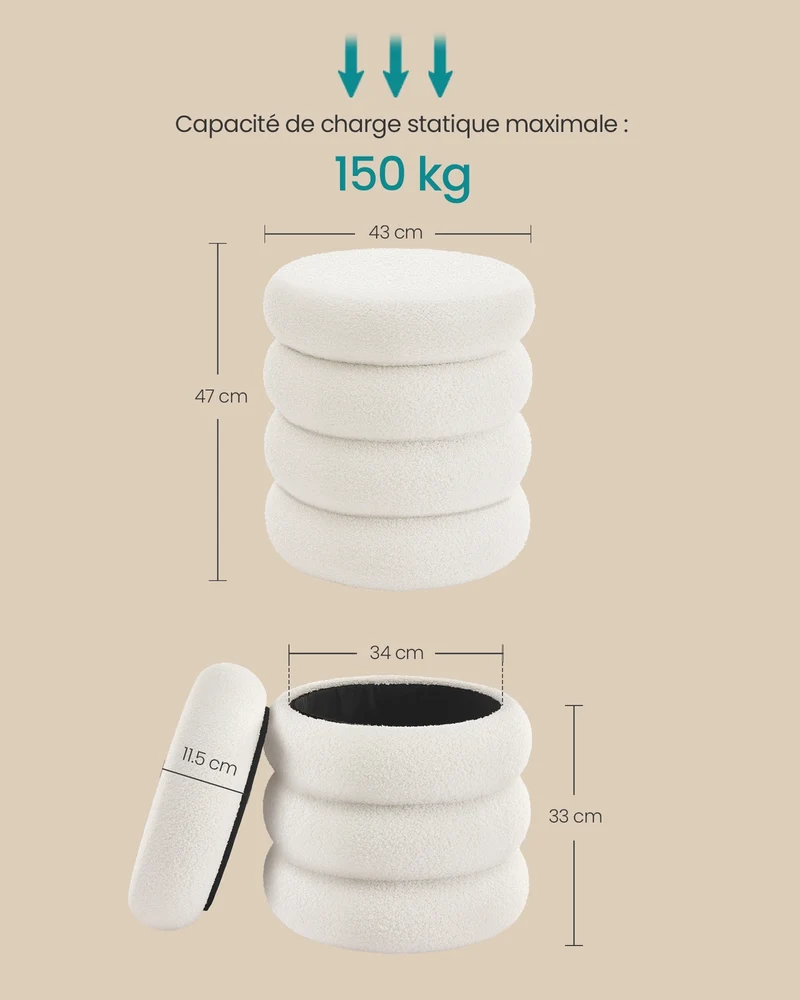 Lot de 2 tabourets de coiffeuse ronds avec rangement pratique 43 x 47 cm en MDF blanc 12_0012912