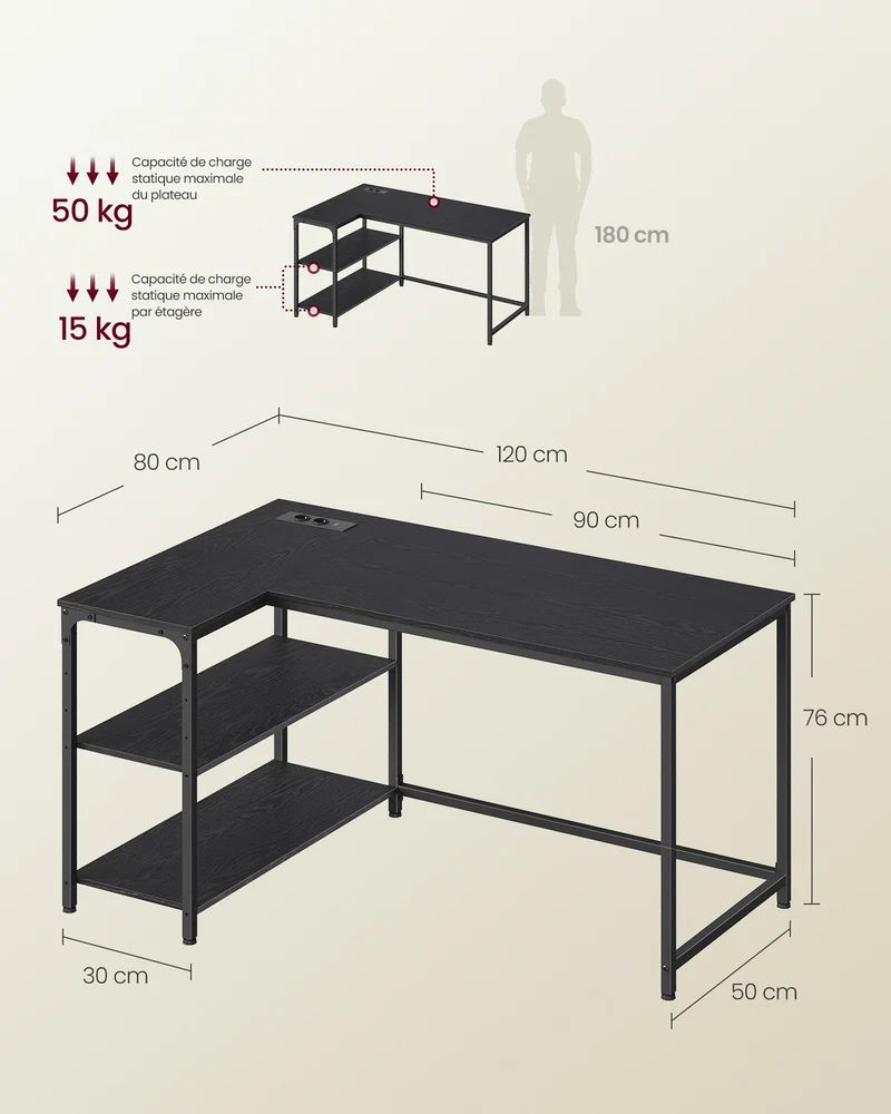 Bureau gaming en L avec rangement et étagères réversibles ajustables 120 x 80 x 76 cm en panneau d'aggloméré noir boisé 12_0012854