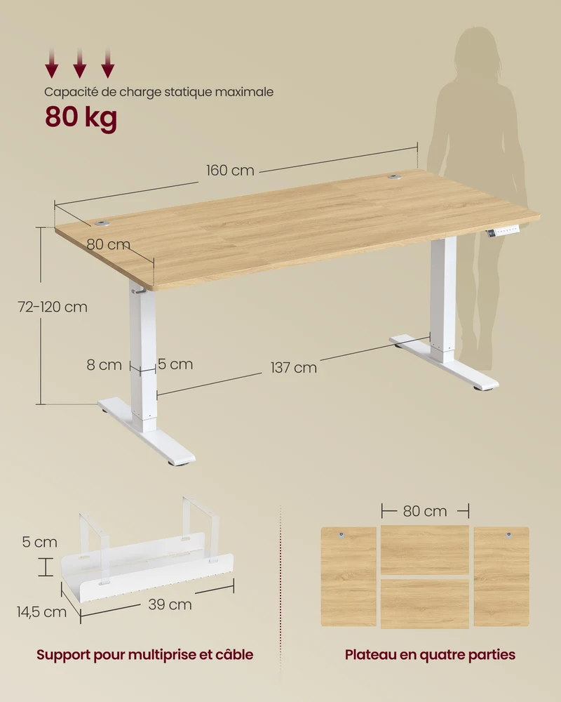 Bureau électrique réglable en hauteur 160 x 80 cm avec port USB-C fonction mémoire 3 hauteurs style rustique en aggloméré chêne naturel 12_0012807