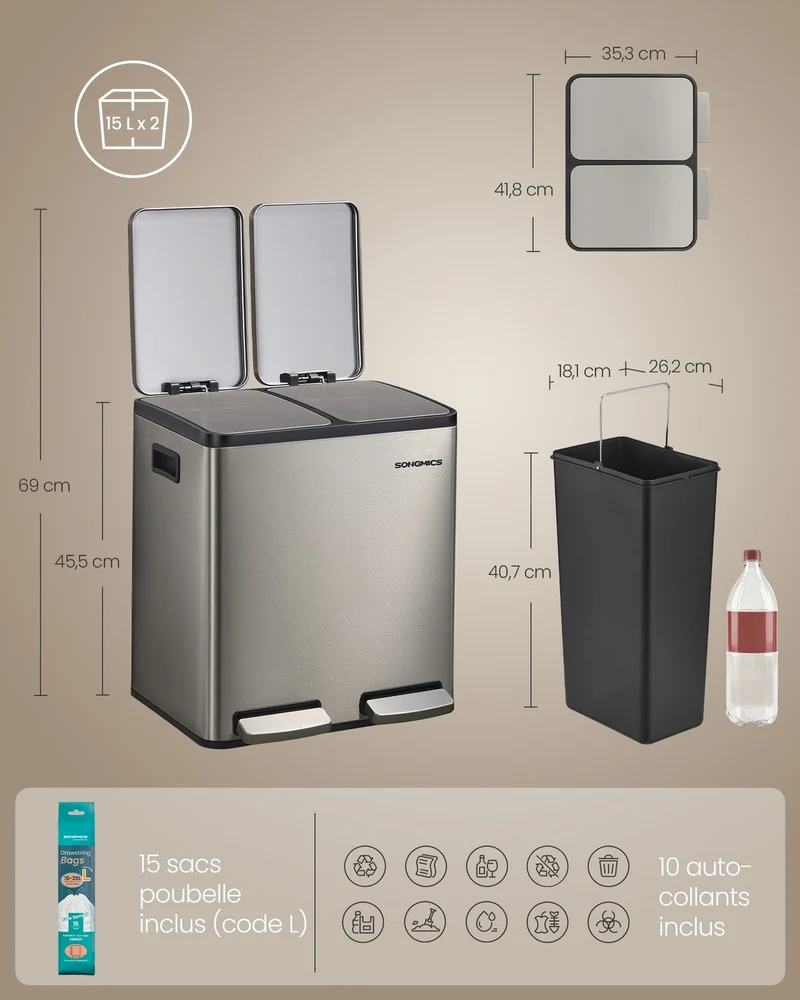 Poubelle de cuisine 2 x 15 litres tri sélectif amovible 41,8 x 35,3 x 45,5 cm en acier inoxydable argent 12_0012541