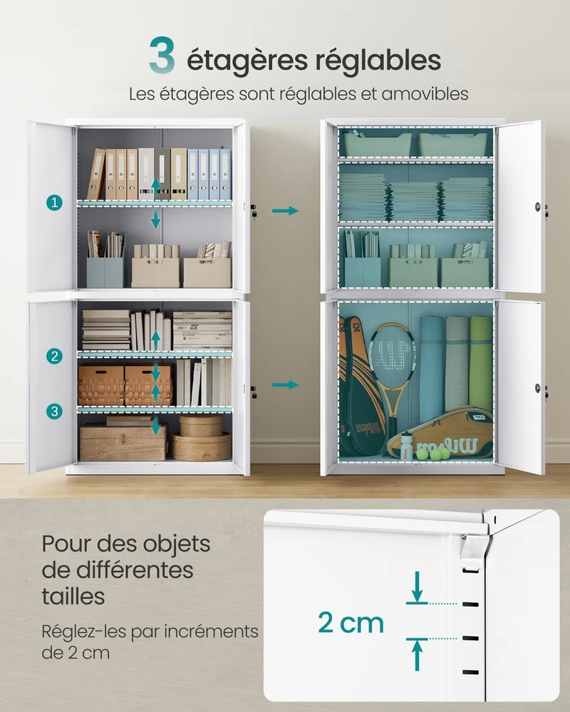 Armoire de rangement intérieure 40 x 80 x 180 cm avec étagères réglables usage bureau style moderne en acier blanc 12_0012248