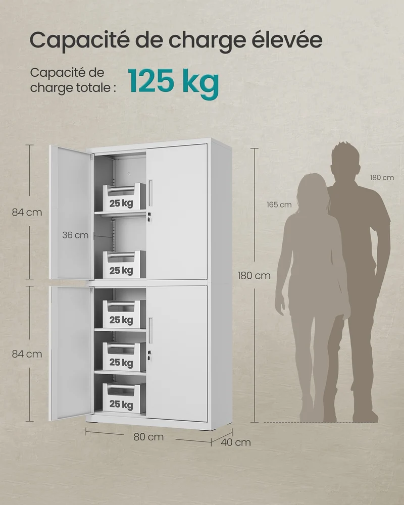 Armoire de rangement intérieure 40 x 80 x 180 cm avec étagères réglables usage bureau style moderne en acier blanc 12_0012248