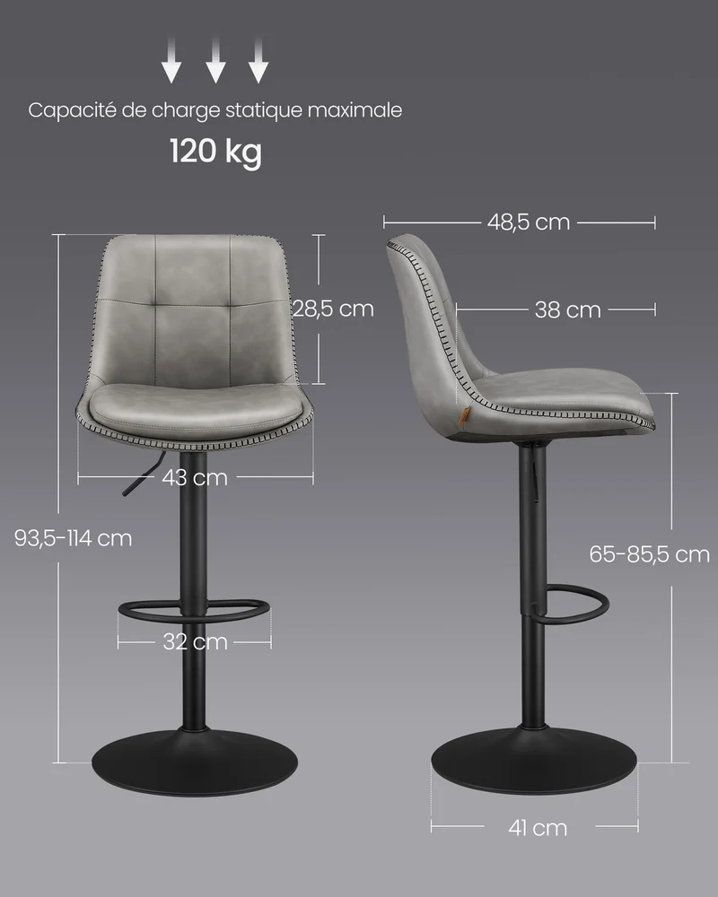 Lot de 4 tabourets de bar pivotants haut réglable 48.5 x 43 x 93.5-114 cm design moderne salle à manger en PU gris tourterelle 12_0011513