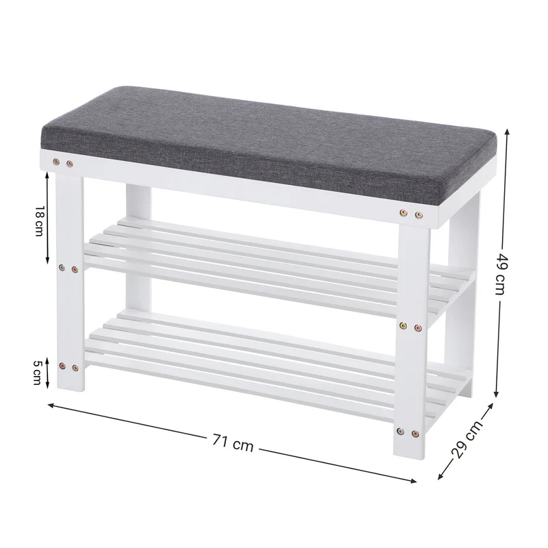 Banc à chaussures organisé entrée salon 71 x 29 x 49 cm stable charge 150 kg en bambou blanc 12_0011334