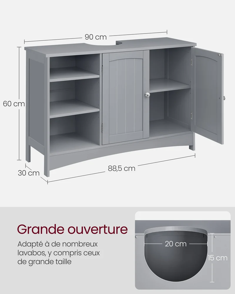Meuble sous vasque long 90 x 30 x 60 cm 2 portes et étagères réglables salle de bain style contemporain en MDF gris tourterelle 12_0010127
