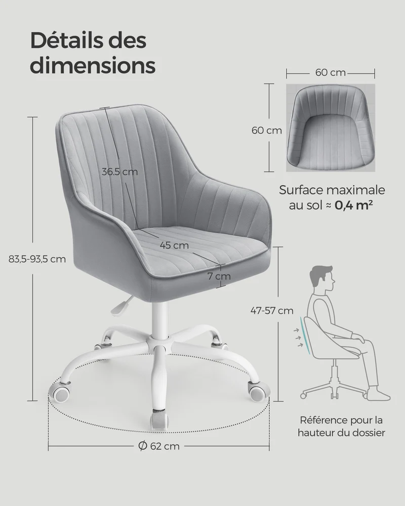 Chaise de bureau ergonomique pivotante réglable 64 x 62 x 93 cm confort rembourré style moderne en tissu velours gris tourterelle 12_0009759