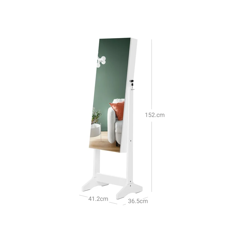 Armoire à bijoux sur pied avec miroir psyché 41,2 x 36,5 x 152 cm rangement sécurisé style moderne en MDF blanc 12_0009495