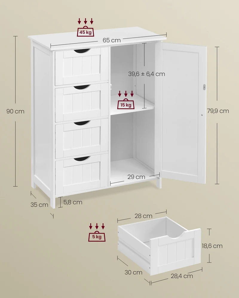 Meuble de rangement sur pied 35 x 65 x 90 cm avec 4 tiroirs et étagère réglable pour salle de bain contemporain en MDF blanc 12_0008979