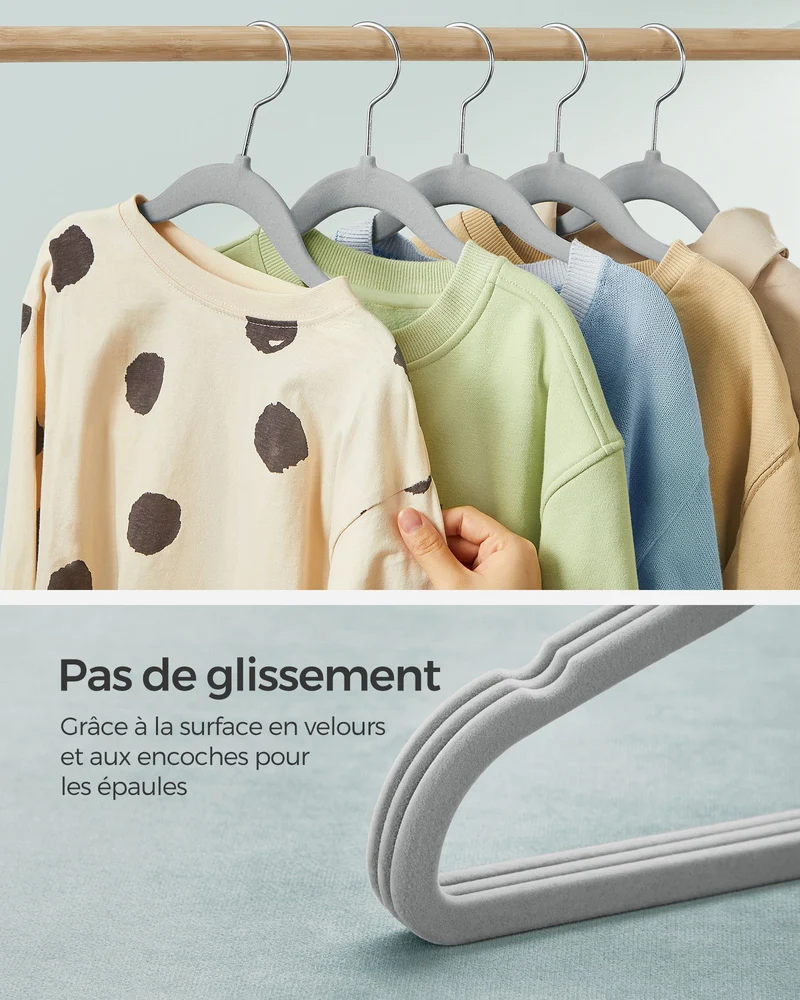 Cintres enfants lot de 50 en velours avec crochets antiglisse modèle enfant pour jupes robes pantalons t-shirts gris 12_0005099