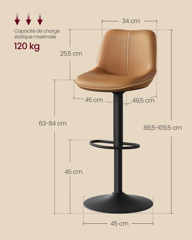 Lot de 2 tabourets de bar pivotants réglables ergonomiques 49,5 x 45 x 109,5 cm en PU marron caramel 12_0012575