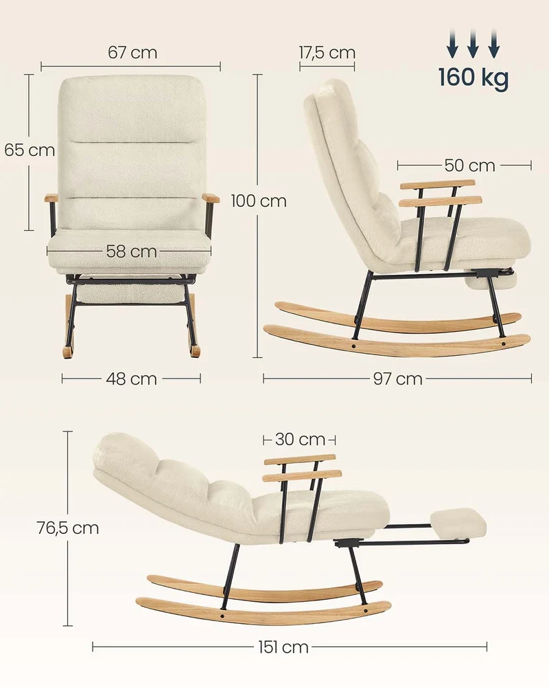 Fauteuil à bascule avec dossier réglable pour salon chambre 97 x 67 x 100 cm confort optimal finition douce en tissu peluche marron camel 12_0012534