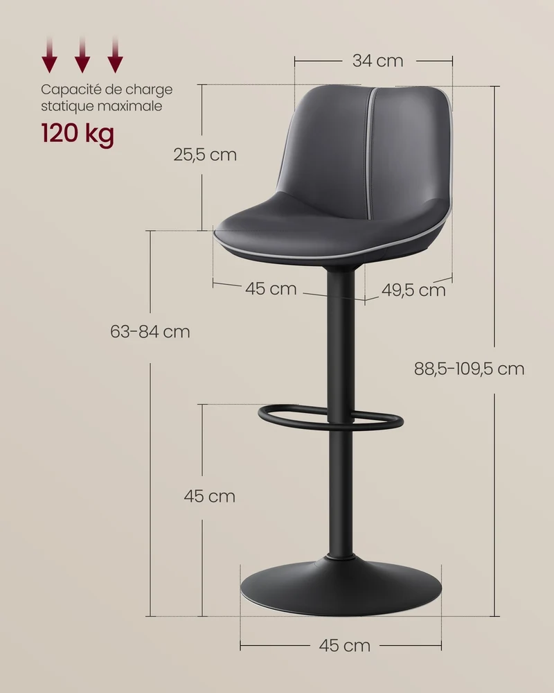 Lot de 2 tabourets de bar pivotants réglables hauteur 49,5 x 45 x 88,5-109,5 cm assise ergonomique moderne en PU noir d'encre 12_0012464