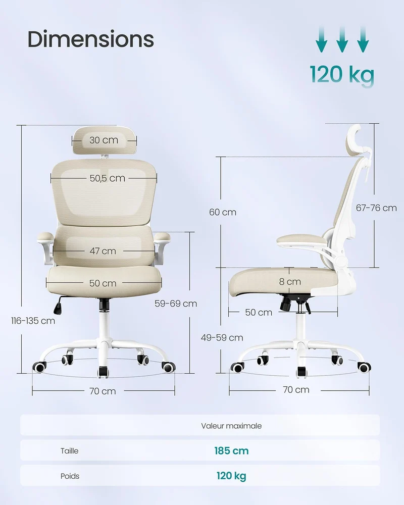 Chaise de bureau ergonomique ajustable soutien lombaire accoudoirs rabattables 64 x 71,5 x 135 cm en polyester beige sable 12_0012163
