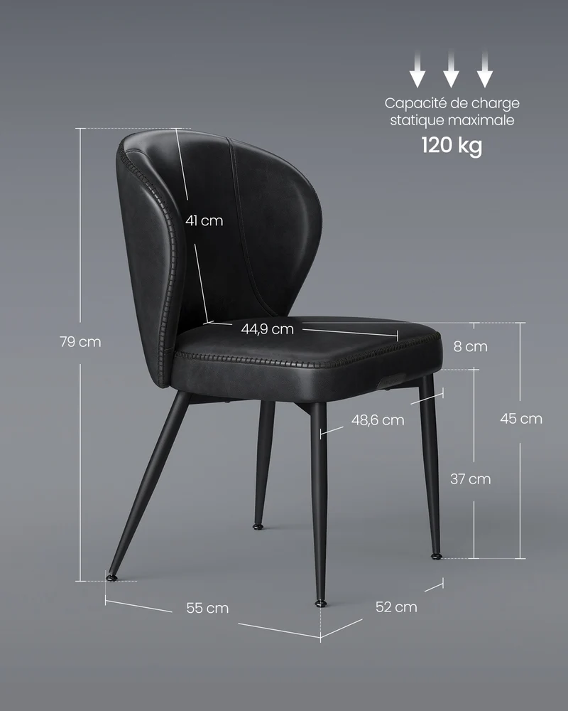 Lot de 2 chaises de salle à manger modernes 55 x 52 x 80,7 cm assise confortable style contemporain en PU noir 12_0011613